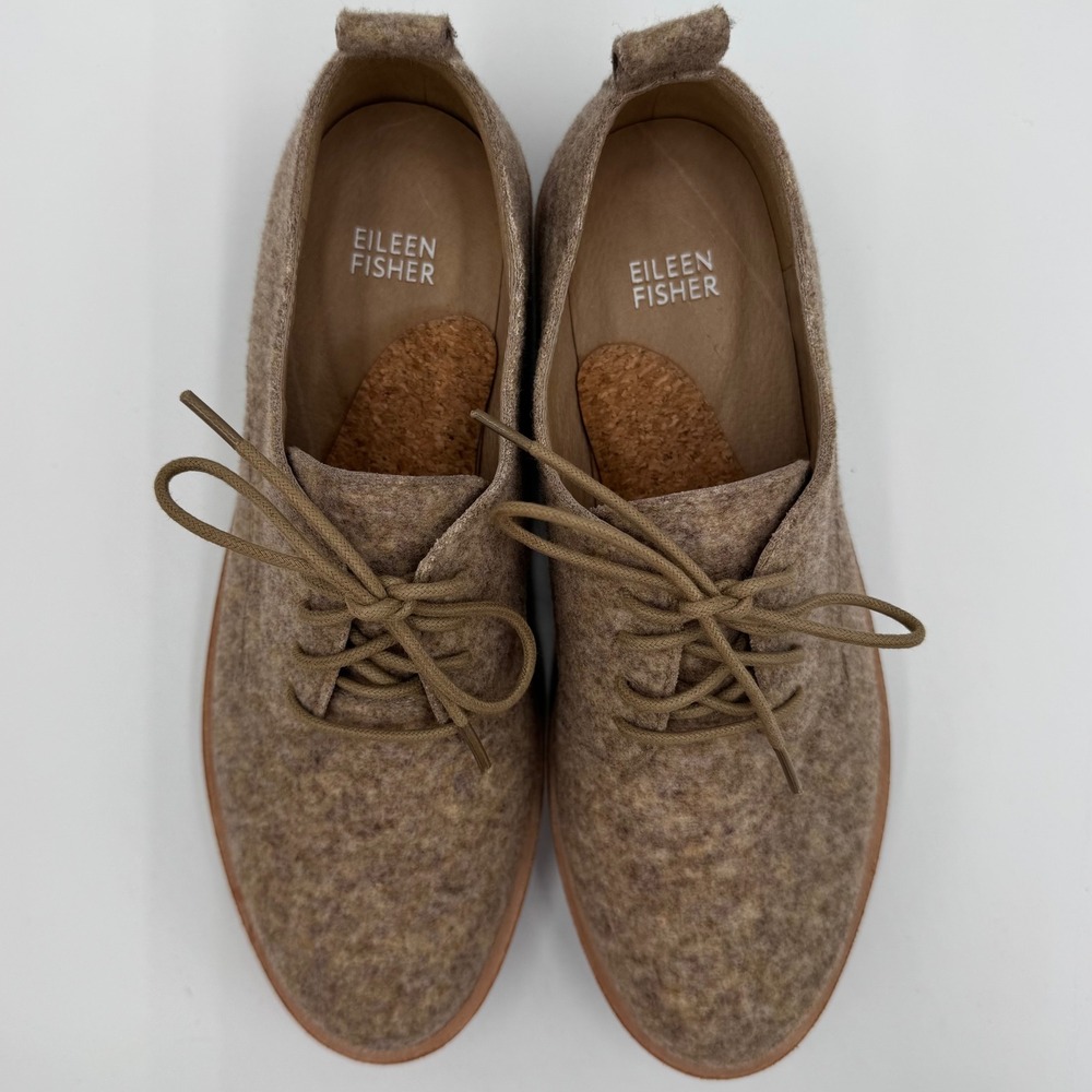 Eileen Fisher Nims Felt Platform Oxford Shoes Minimalist Womens 9.5 Barley Tan - Picture 2 of 14